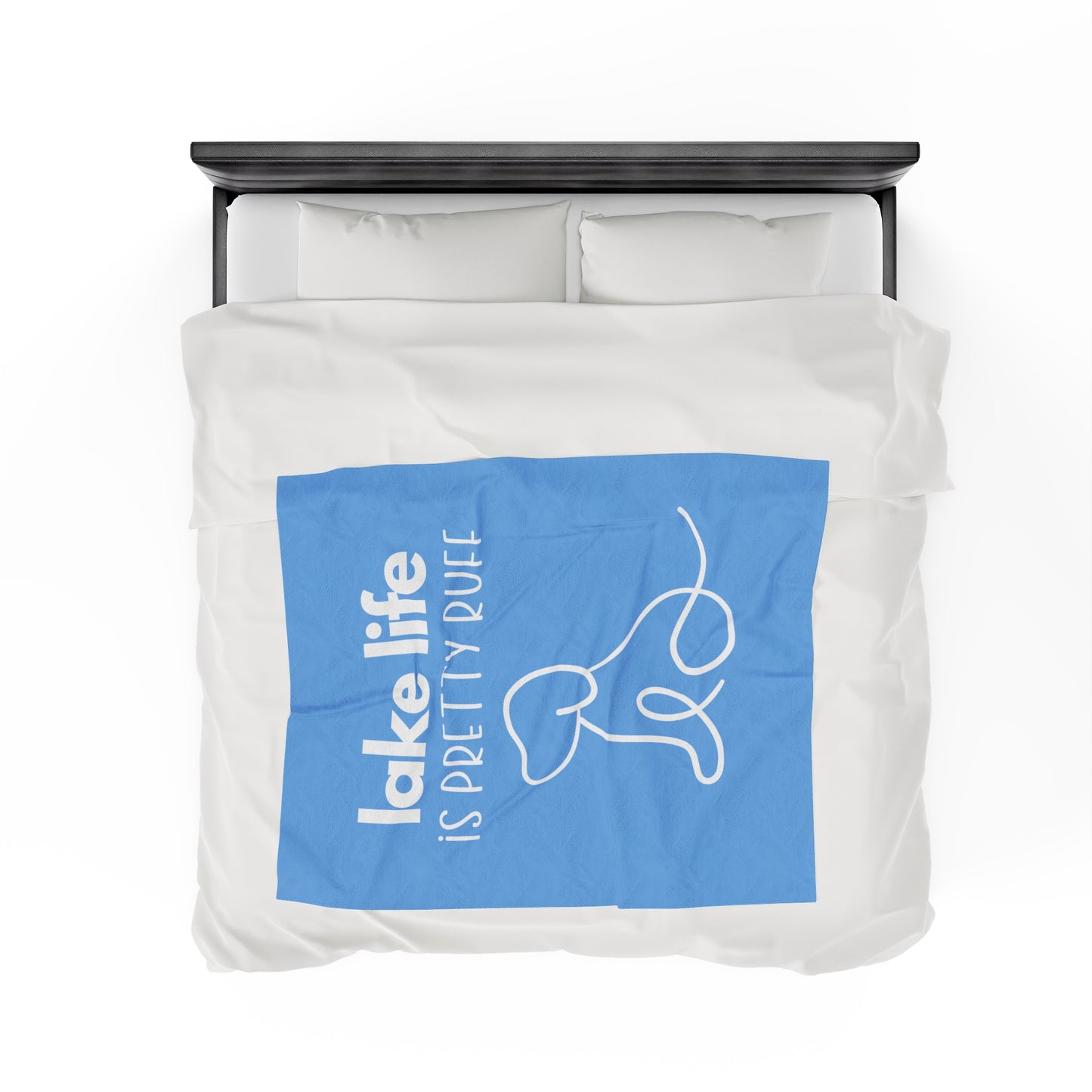 Lake life is Pretty Ruff Velveteen Plush Blanket featuring an adorable dog line drawing on a backdrop of blue