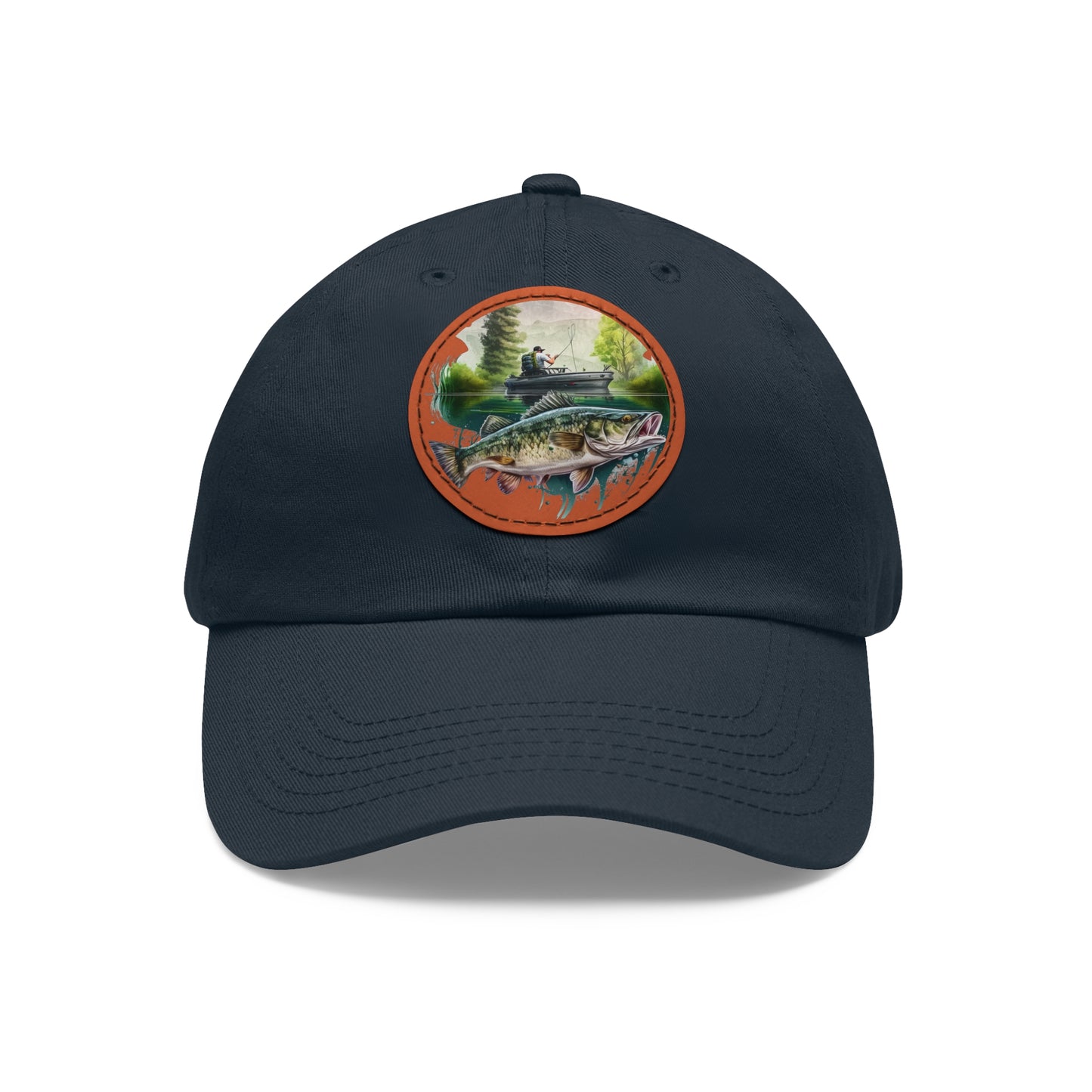 There's Always a Bigger Fish Dad Hat with Leather Patch, white hat featuring a fisherman and a walleye