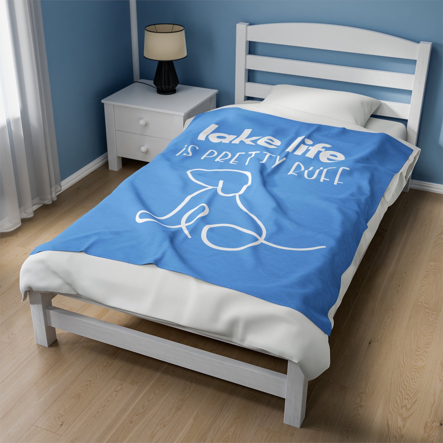 Lake life is Pretty Ruff Velveteen Plush Blanket featuring an adorable dog line drawing on a backdrop of blue