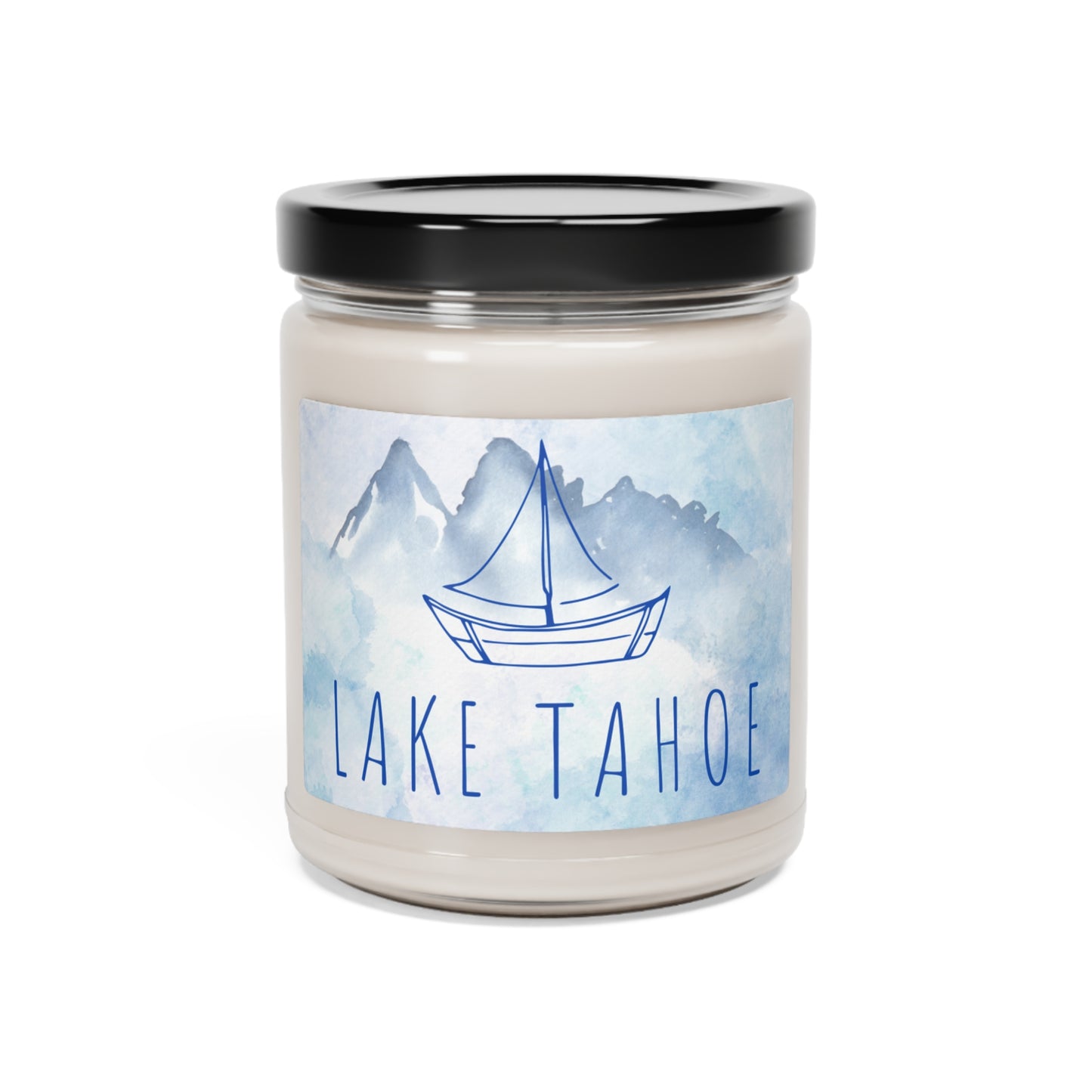 Lake Tahoe Sailboat candle in shades of blue watercolors