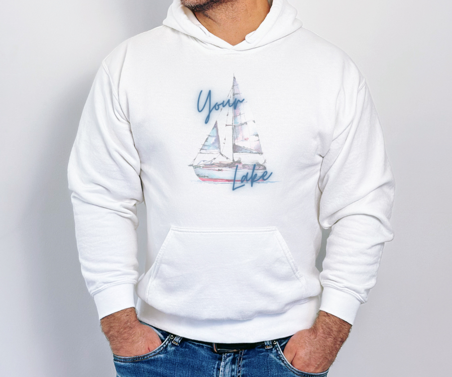 Customizable Colorful Sailboat Unisex Hoodie, personalized with the name of your lake