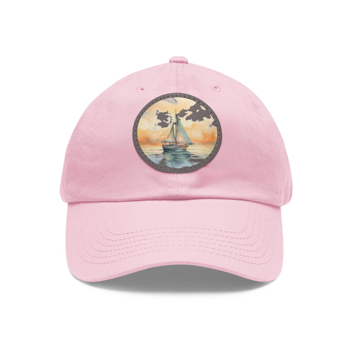 Nautical Elegance on a Crisp Morning Dad Hat with Leather Patch, white hat featuring a sailboat in neutral watercolors