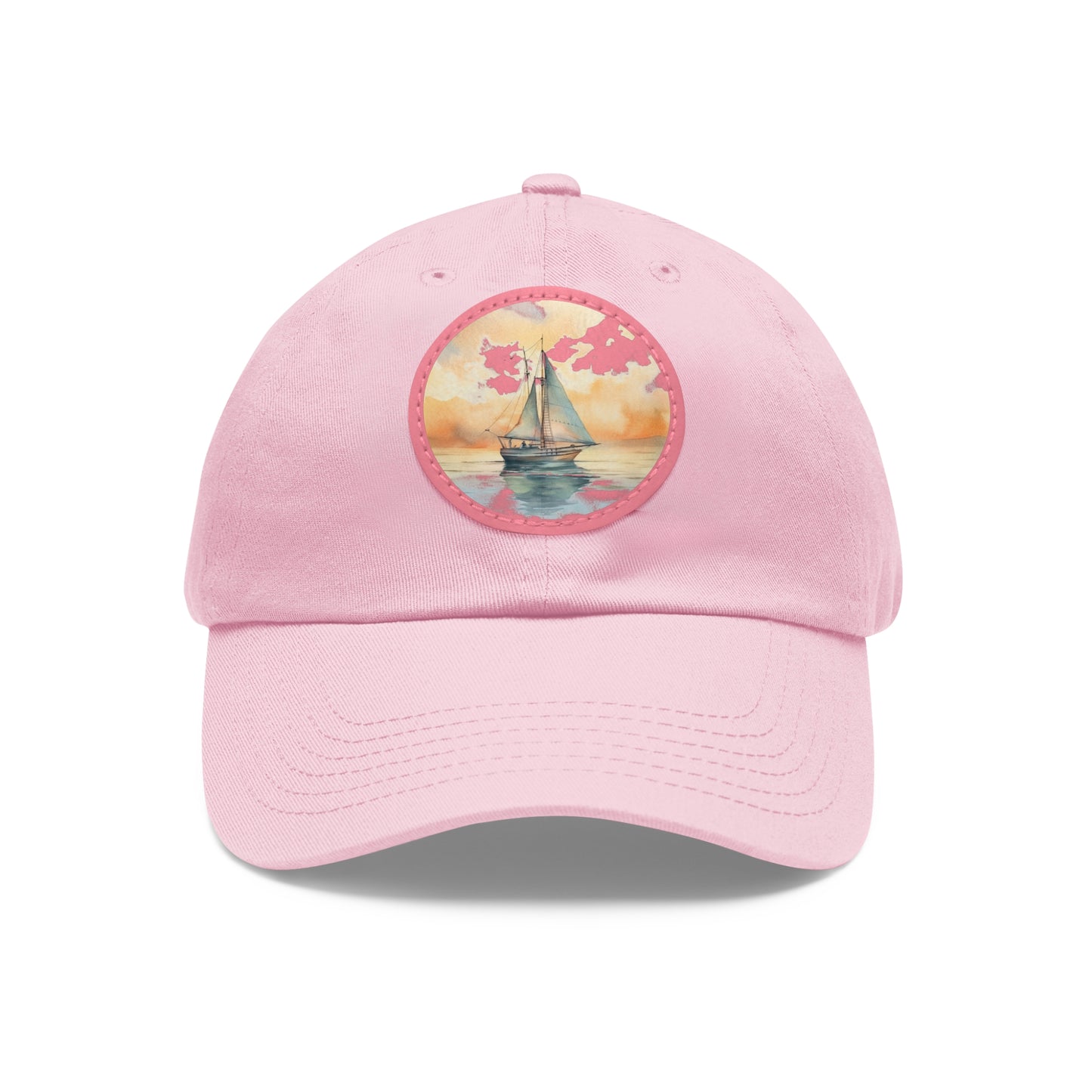 Nautical Elegance on a Crisp Morning Dad Hat with Leather Patch, white hat featuring a sailboat in neutral watercolors