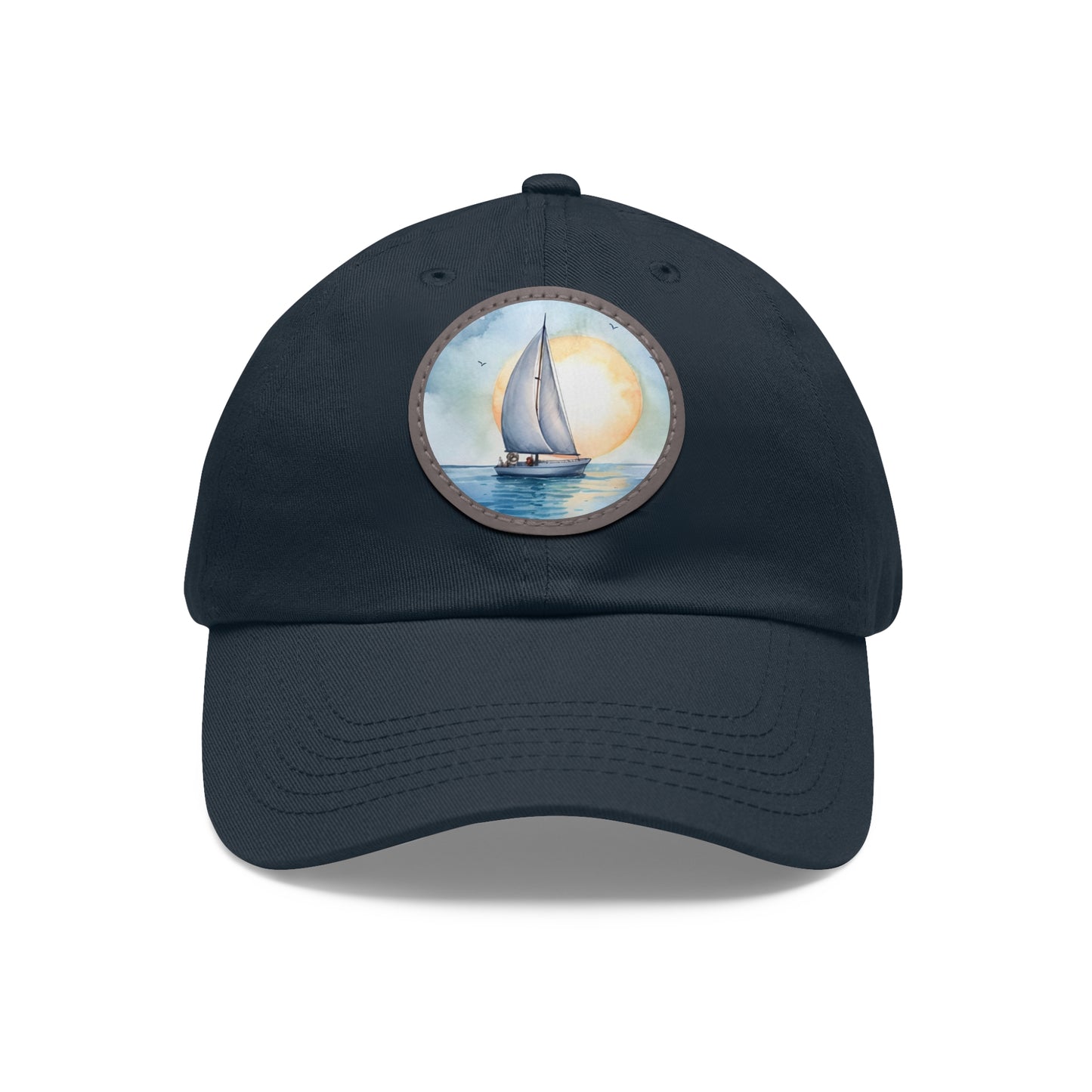 Sailing at Sunrise Dad Hat with Leather Patch, white hat featuring a sailboat in blue watercolors