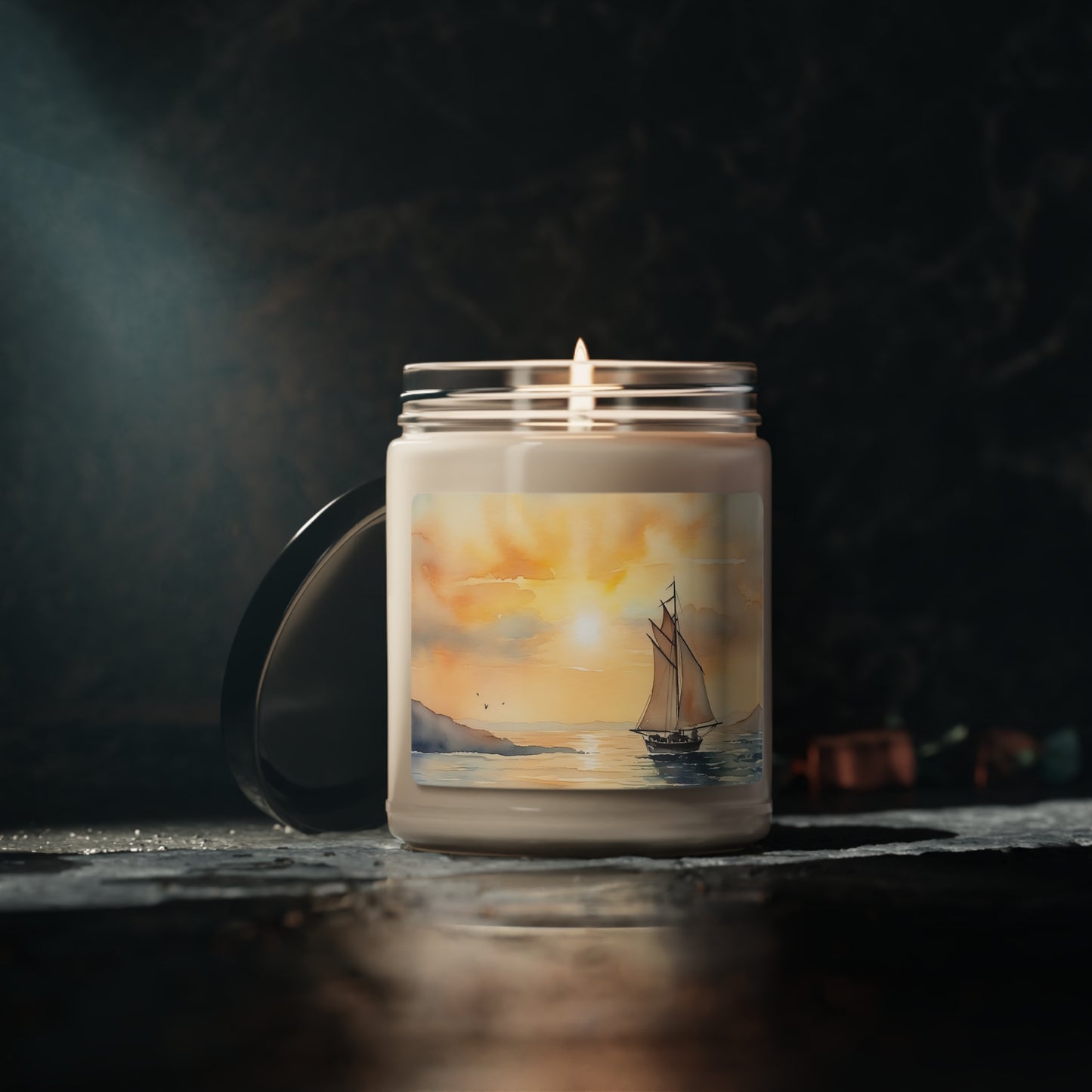 Mid-morning Sail on the Lake Scented Candle, 9oz, a sailboat scene set in gorgeous shades of yellow