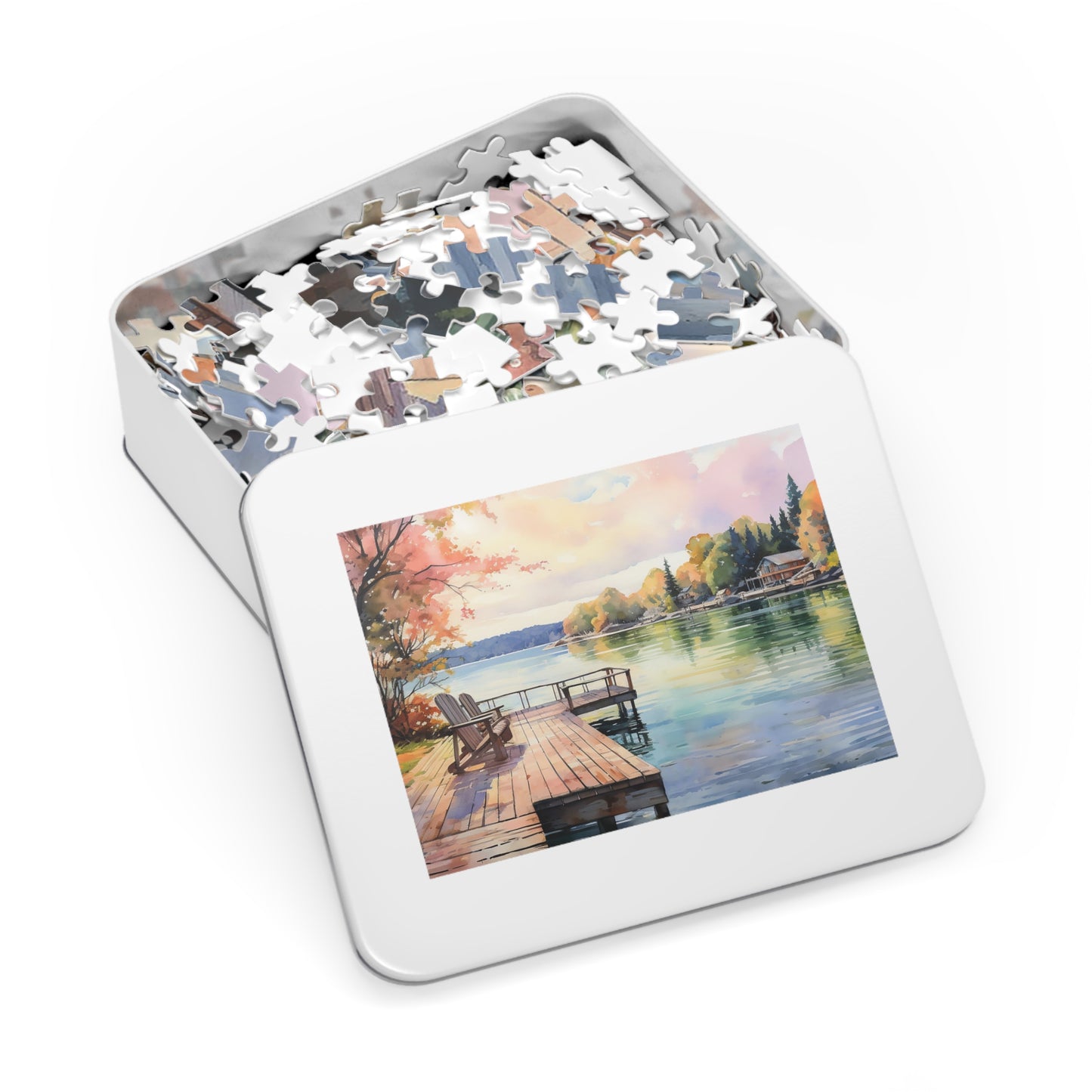 Lakeside Reflections Jigsaw Puzzle, beautiful watercolor scene, available in 500 or 1000 pieces