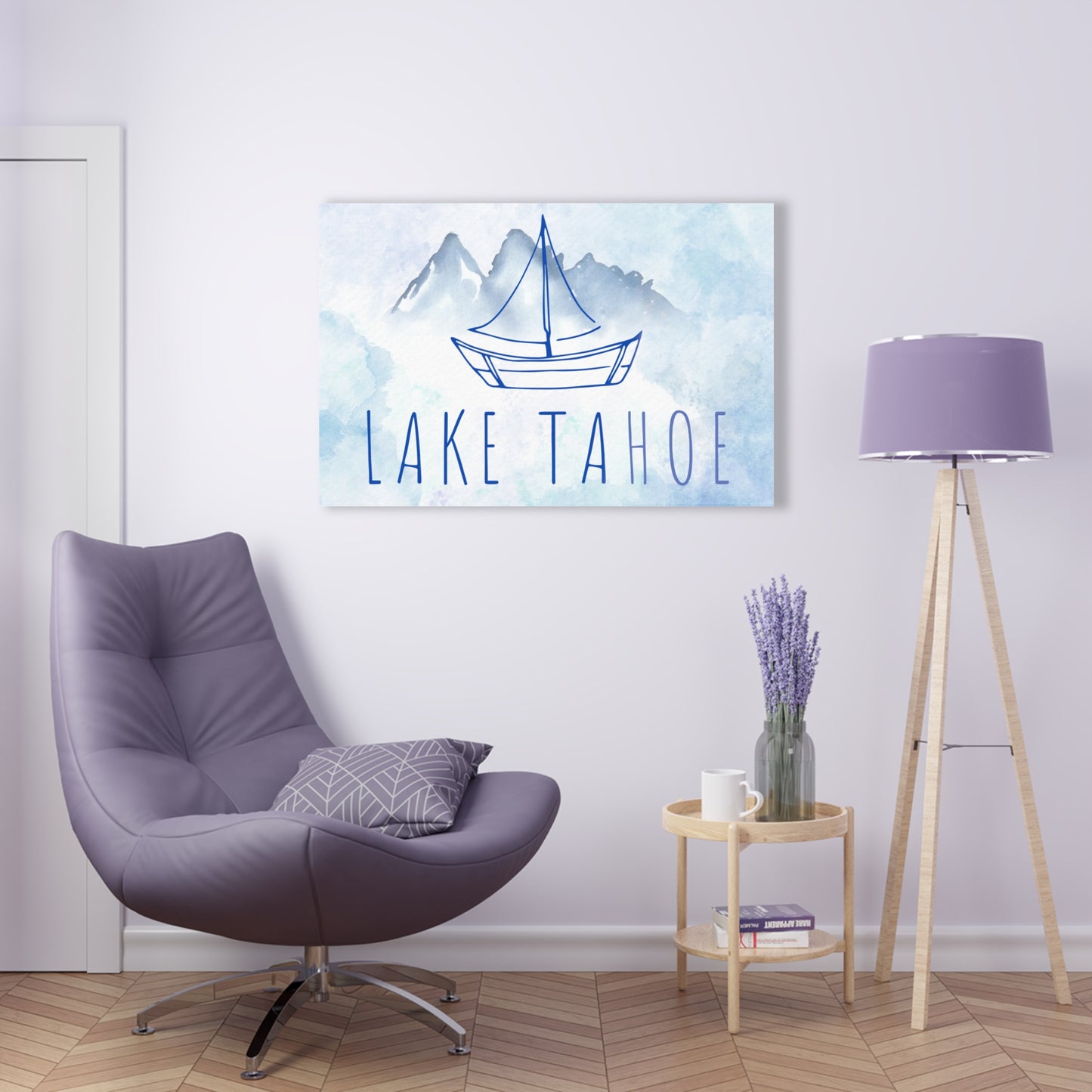 Lake Tahoe Sailboat Acrylic Print in shades of blue watercolors