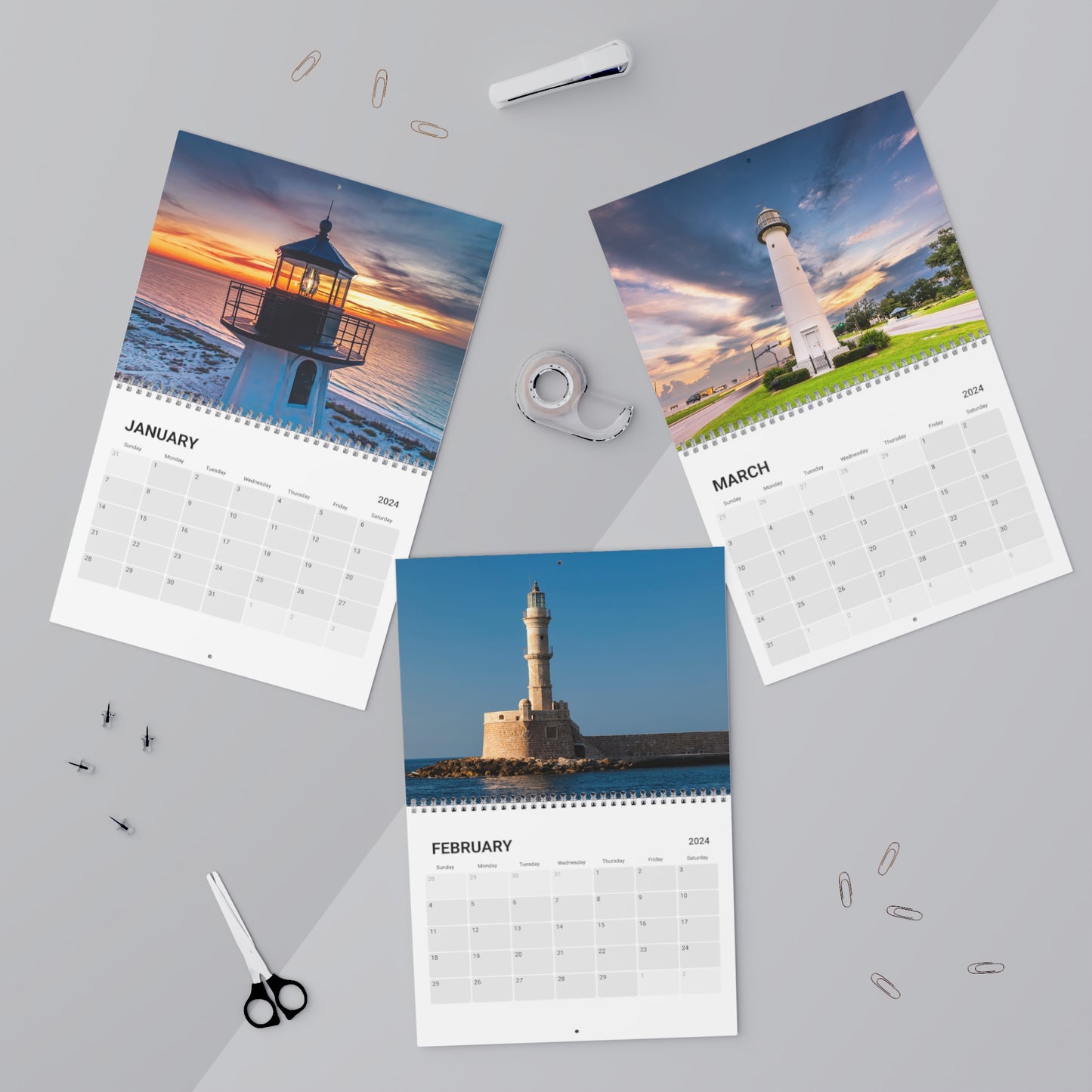 Coastal themed wall calendar (2024) featuring 12 months of beautiful lighthouses