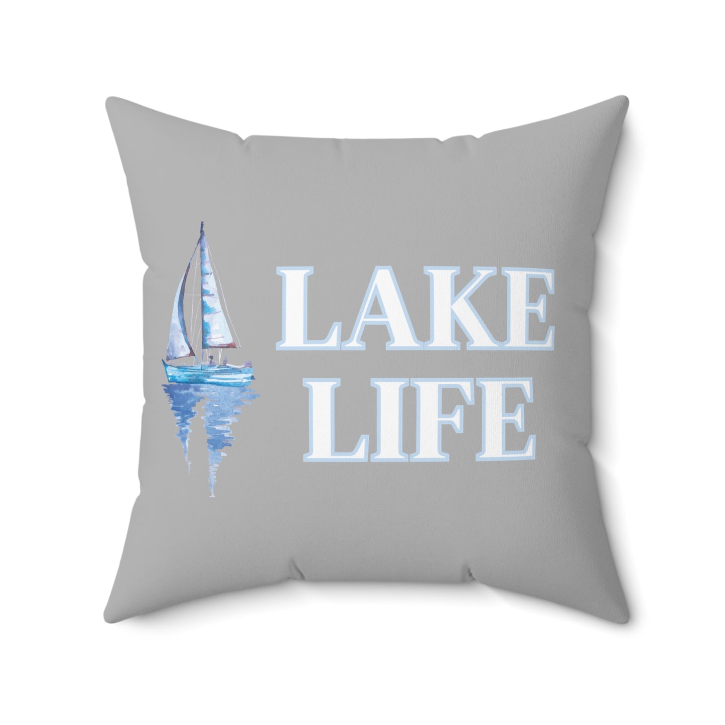 Lake Life Sailboat on the Water Square Pillow in grey, blue, & white