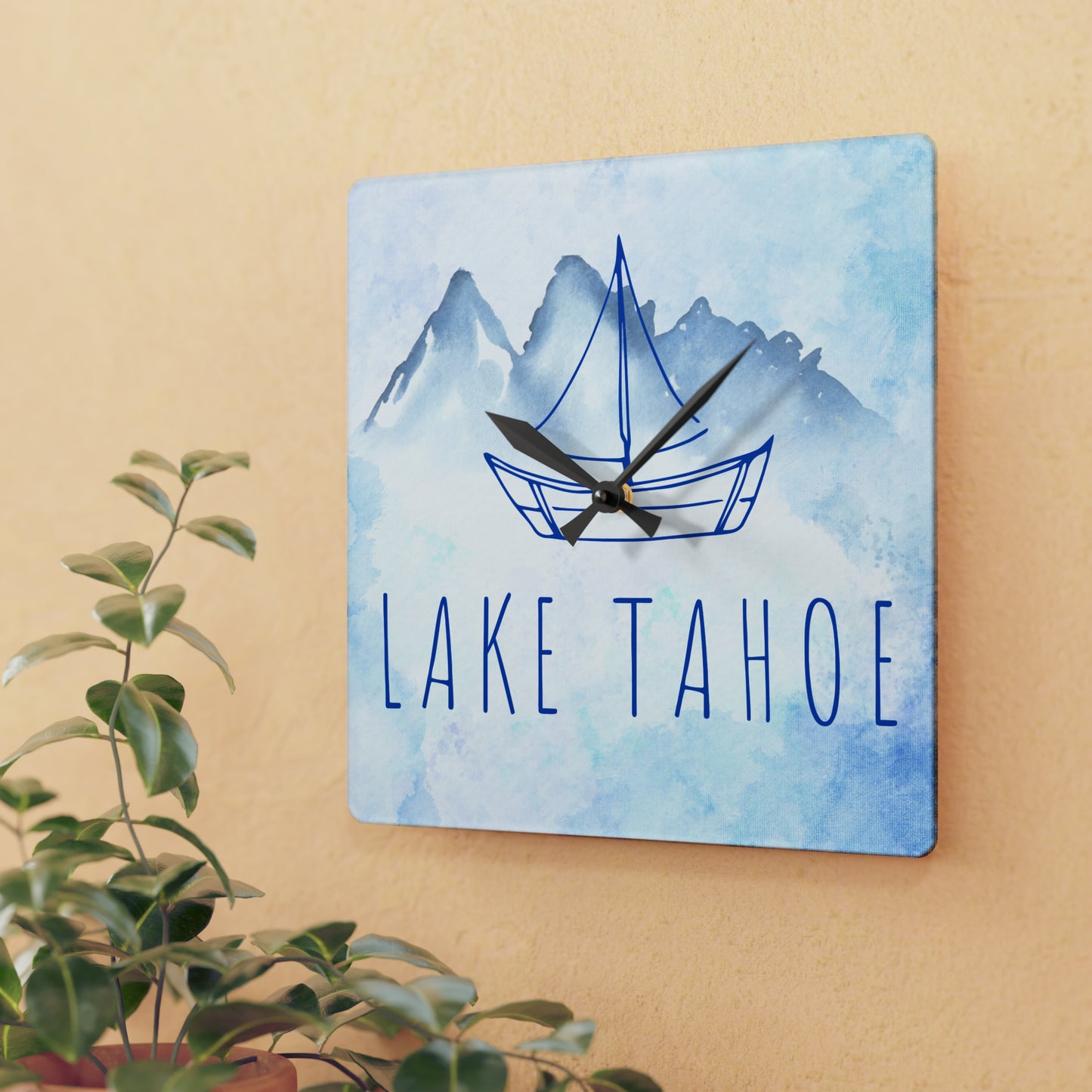 Lake Tahoe Sailboat Acrylic Wall Clock in shades of blue watercolors