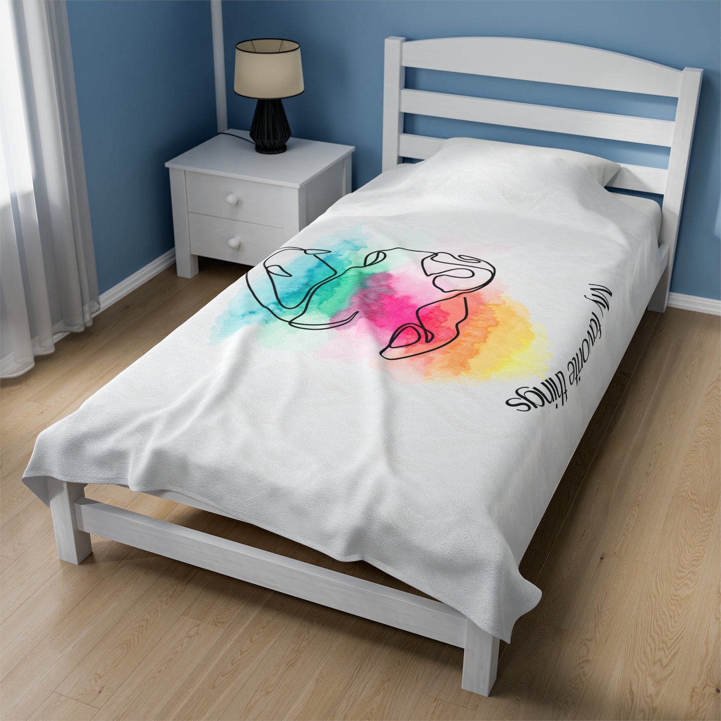 My Favorite Things: Dogs and Lakes Velveteen Plush Blanket featuring an adorable dog face line drawing with watercolor background