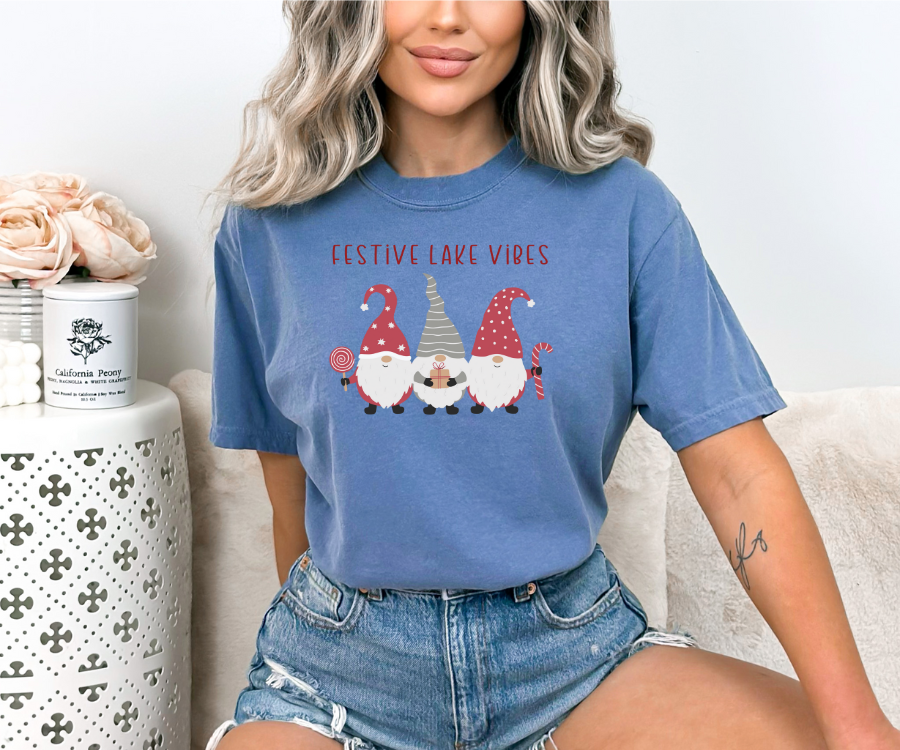 Holiday T-shirt, Festive Lake Vibes tee featuring adorable gnomes