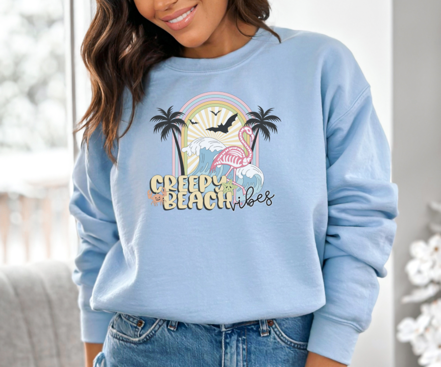 Halloween Crewneck Sweatshirt, Creepy Beach Vibes Sweatshirt