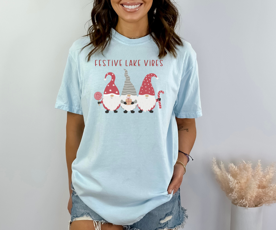 Holiday T-shirt, Festive Lake Vibes tee featuring adorable gnomes