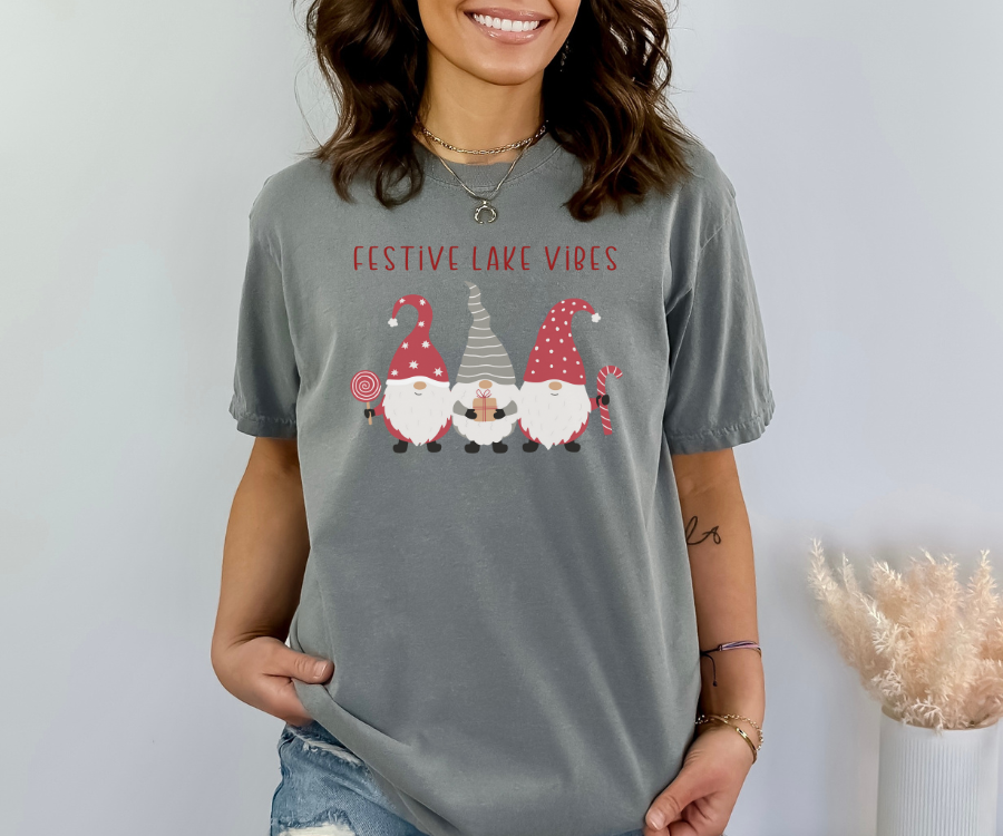 Holiday T-shirt, Festive Lake Vibes tee featuring adorable gnomes