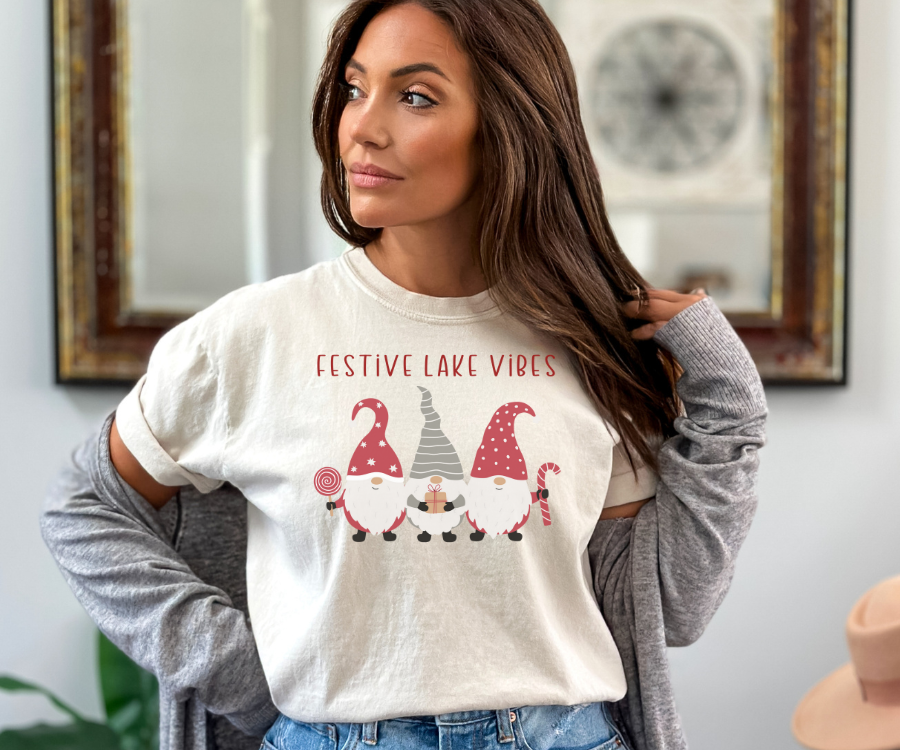 Holiday T-shirt, Festive Lake Vibes tee featuring adorable gnomes