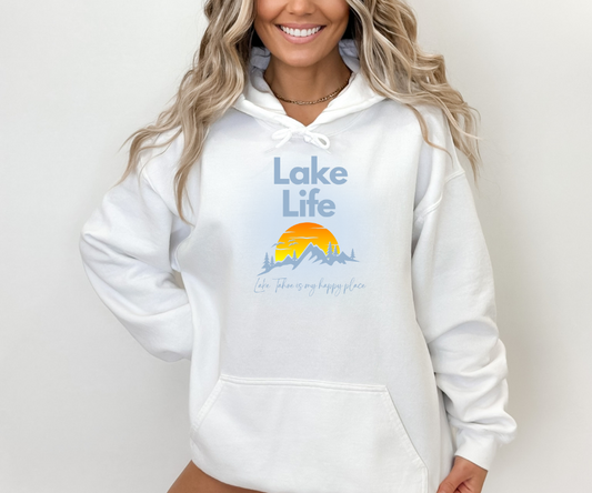 Lake Tahoe is My Happy Place in Mountain Sunset Blues Hoodie