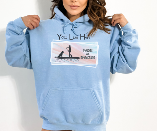 Customizable Paws and Paddles Unisex Hoodie, personalized with the name of your lake