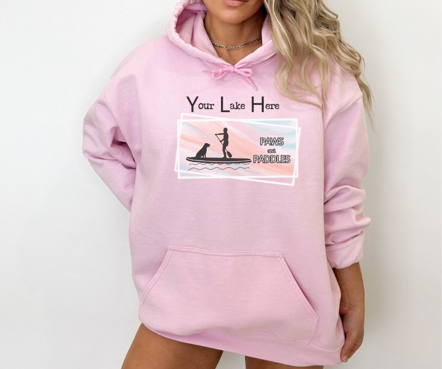 Customizable Paws and Paddles Unisex Hoodie, personalized with the name of your lake