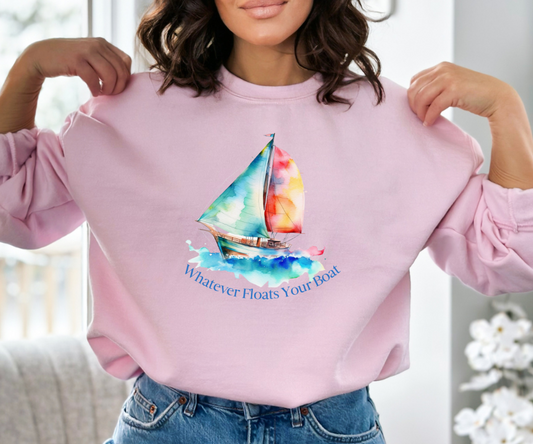 Whatever Floats Your Boat Unisex Heavy Blend™ Crewneck Sweatshirt, featuring a bright watercolor sailboat with curved blue writing below the boat