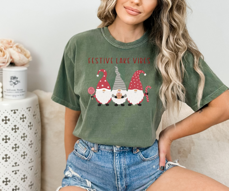 Holiday T-shirt, Festive Lake Vibes tee featuring adorable gnomes