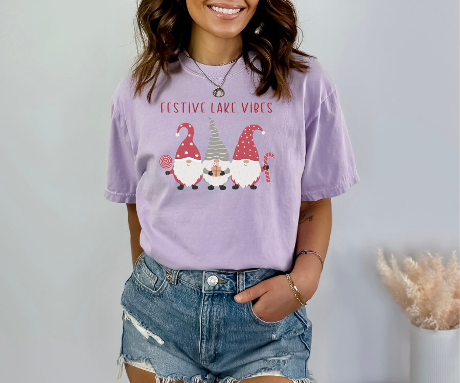 Holiday T-shirt, Festive Lake Vibes tee featuring adorable gnomes