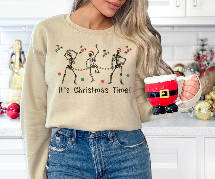 Christmas skeleton sweatshirt, crewneck skeleton sweatshirt, It's Christmas Time sweatshirt