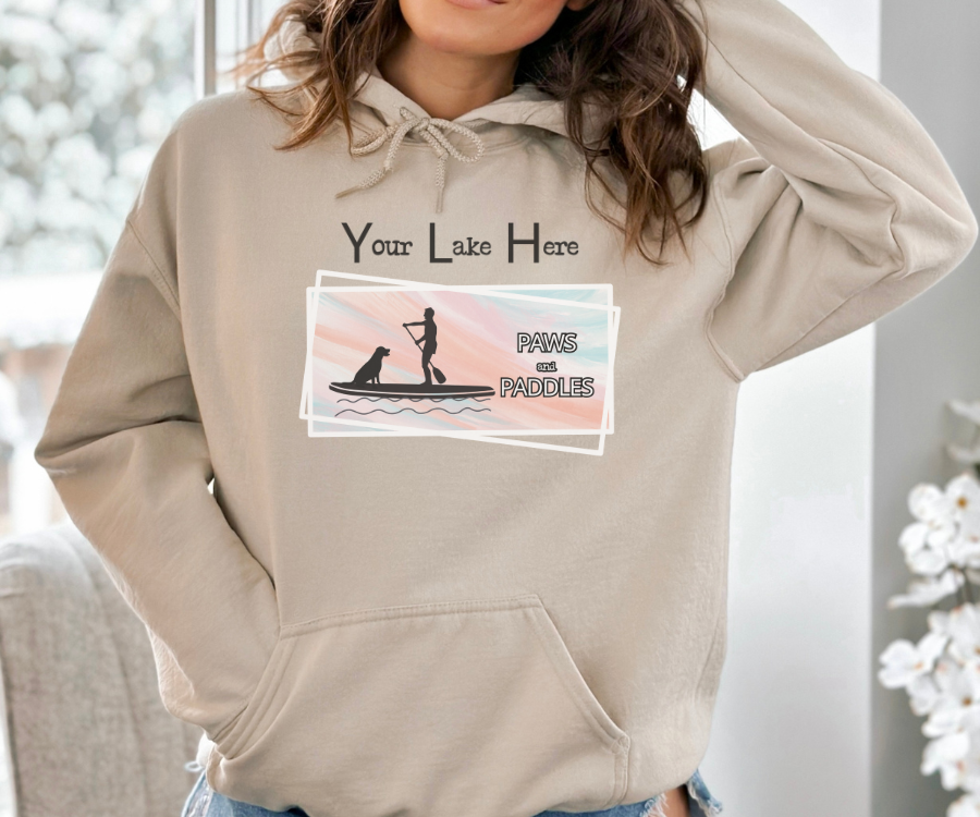 Customizable Paws and Paddles Unisex Hoodie, personalized with the name of your lake