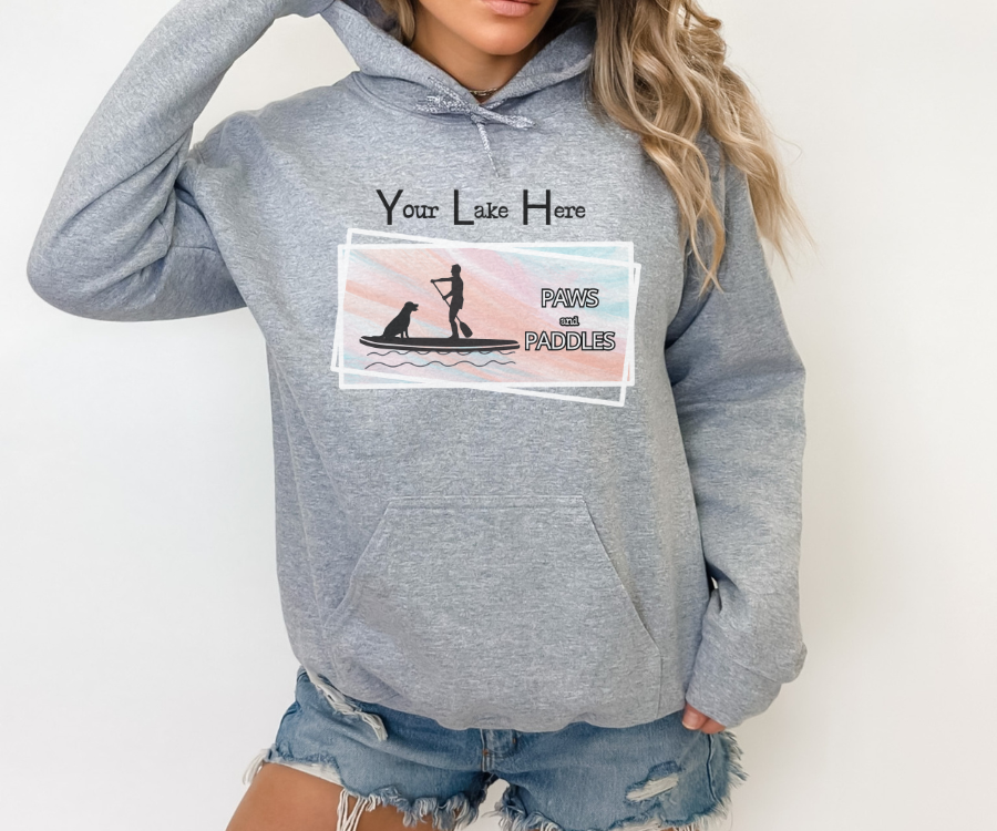 Customizable Paws and Paddles Unisex Hoodie, personalized with the name of your lake