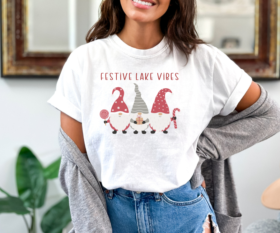 Holiday T-shirt, Festive Lake Vibes tee featuring adorable gnomes