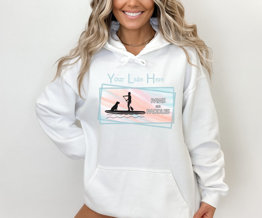 Customizable Paws and Paddles Unisex Hoodie, personalized with the name of your lake