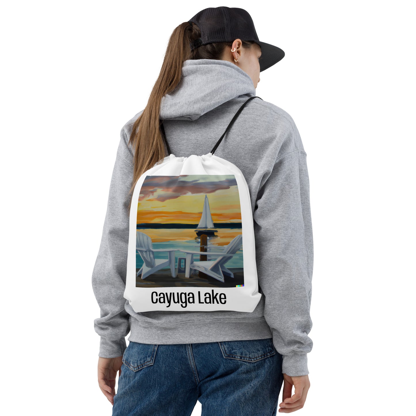 Drawstring bag - Cayuga Lake Adirondack Chair & Sailboat