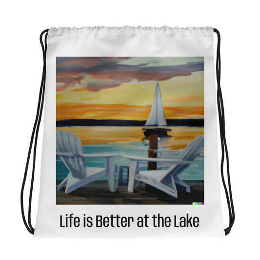 Drawstring bag - Life is Better Adirondack & Sailboat