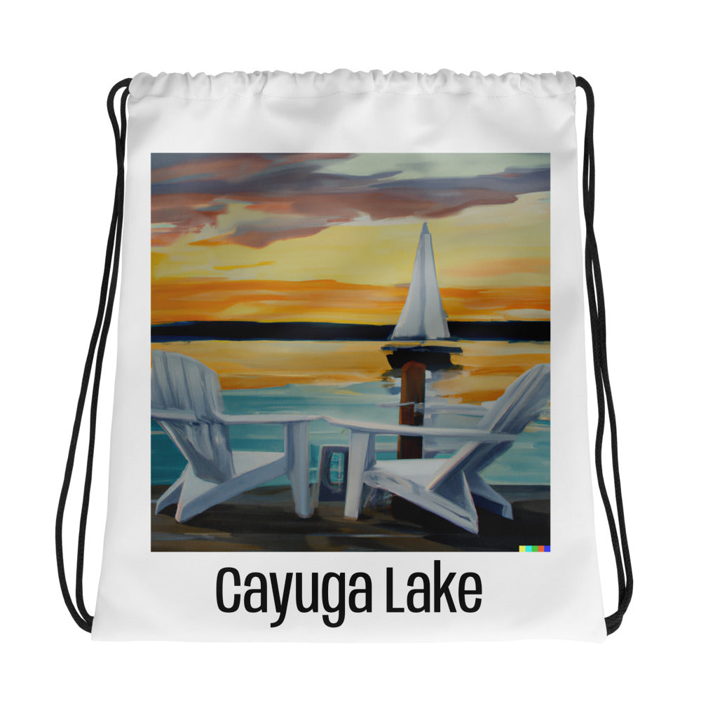 Drawstring bag - Cayuga Lake Adirondack Chair & Sailboat