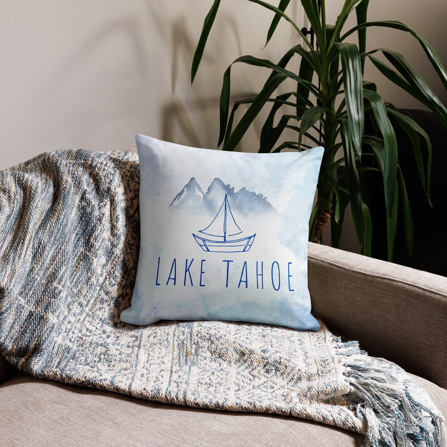 Lake Tahoe Simple Sailboat in shades of blue watercolor premium pillow