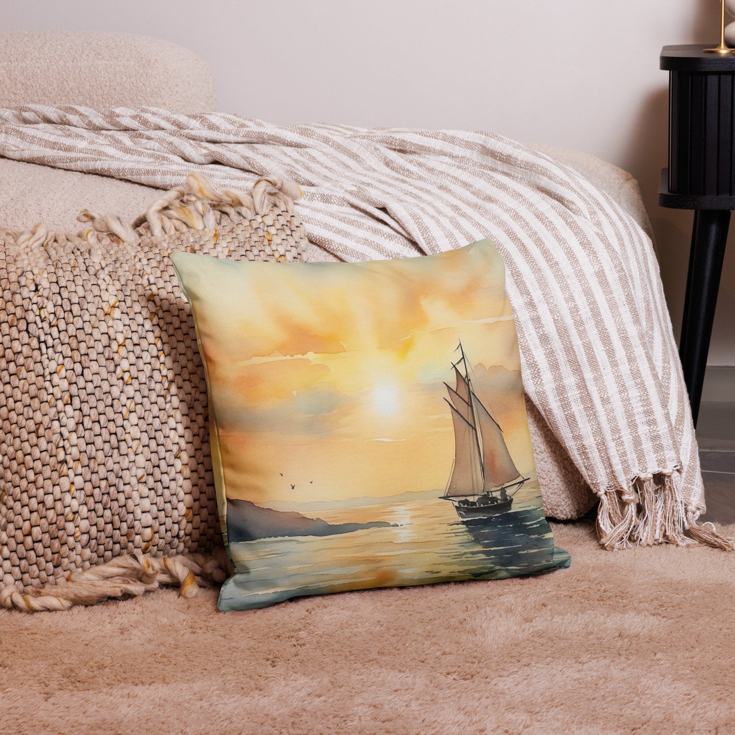 Mid-morning Sail Premium Pillow, featuring a sailboat on a lake in beautiful shades of yellow