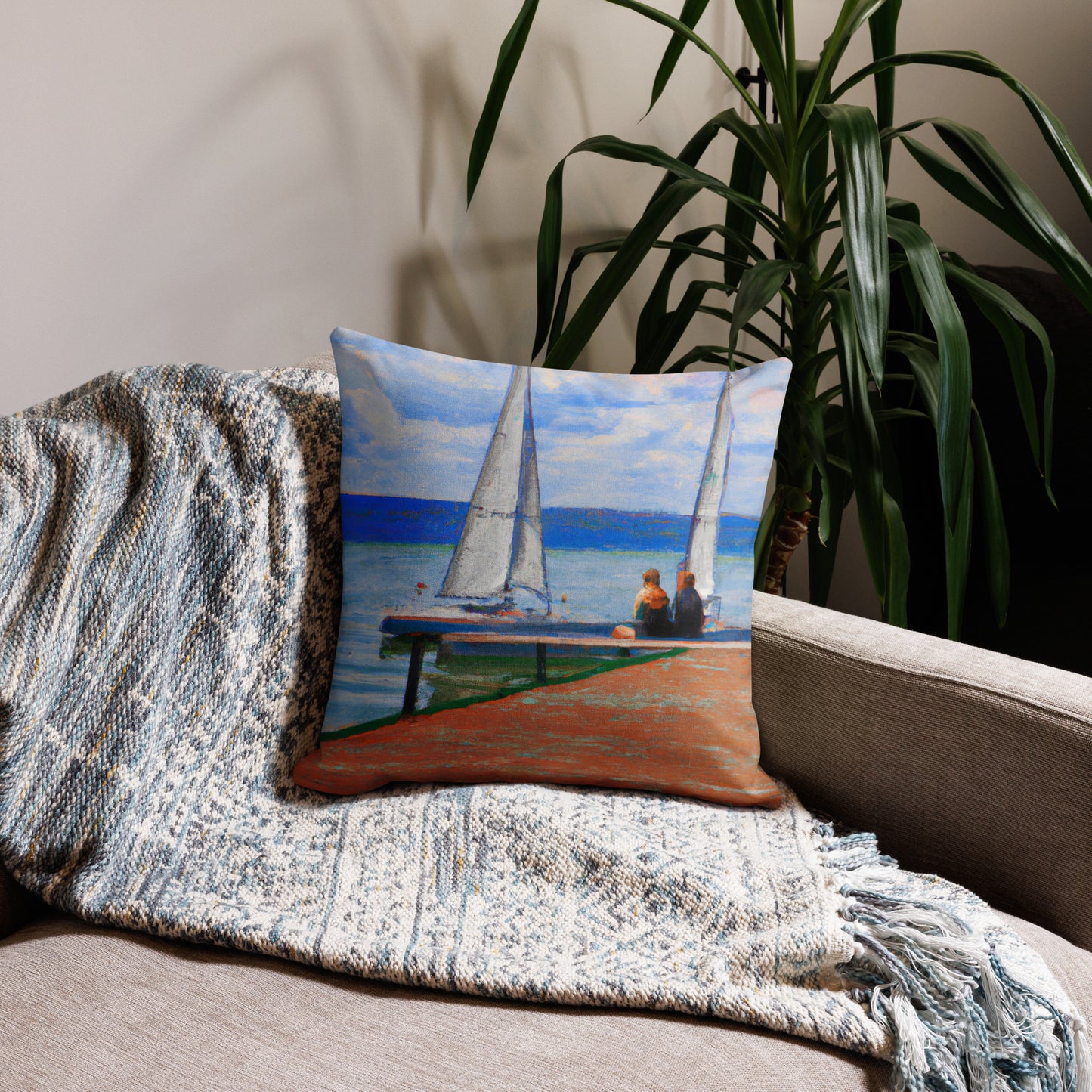 Watching Sailboats from a Dock Premium Pillow