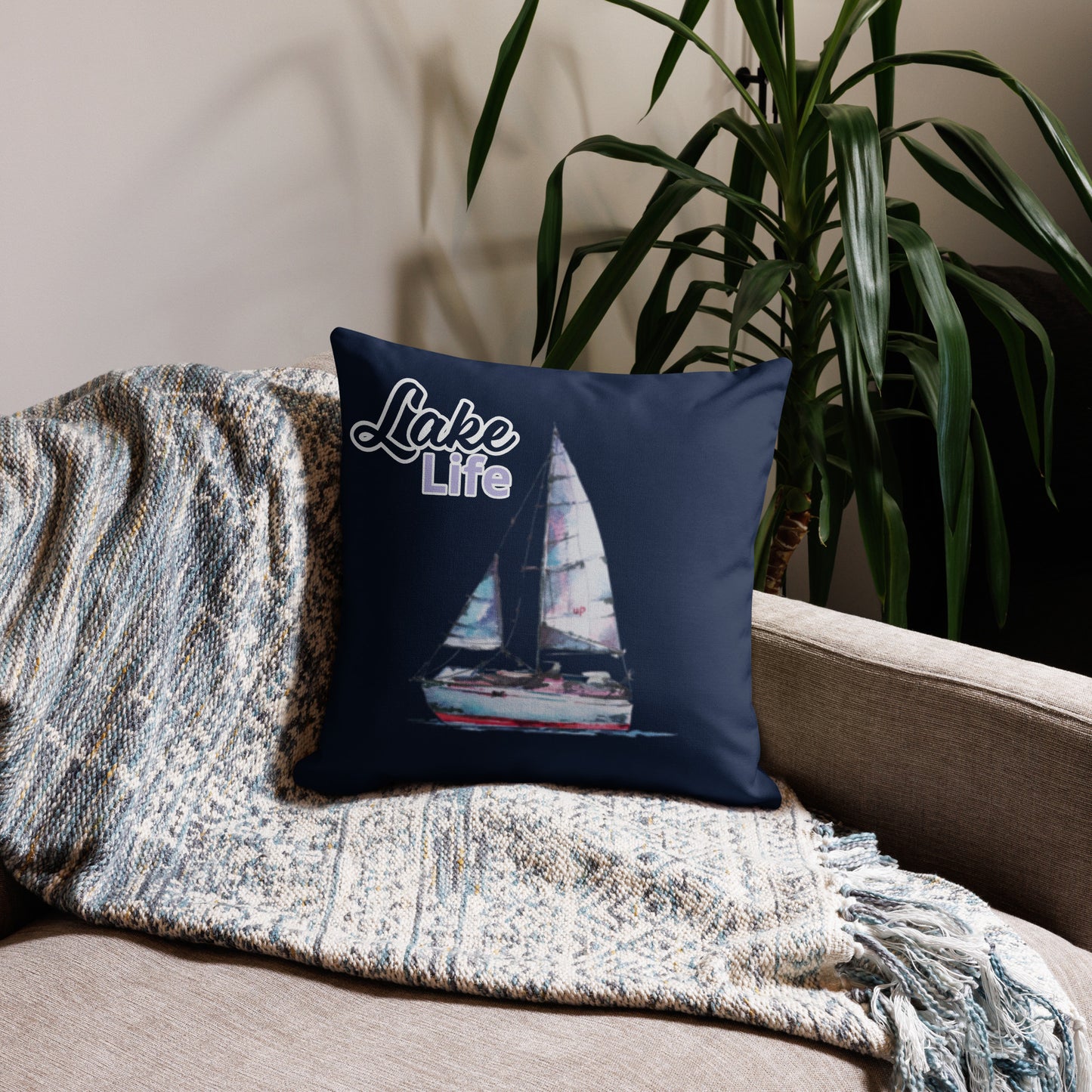 Lake Life Sailboat 3 Premium Pillow in navy