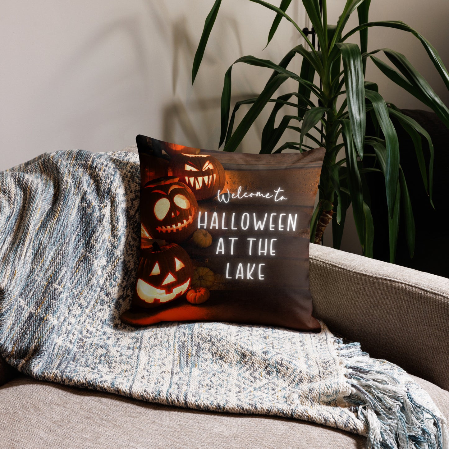 Welcome to Halloween at the Lake Stairway of Pumpkins Premium Pillow