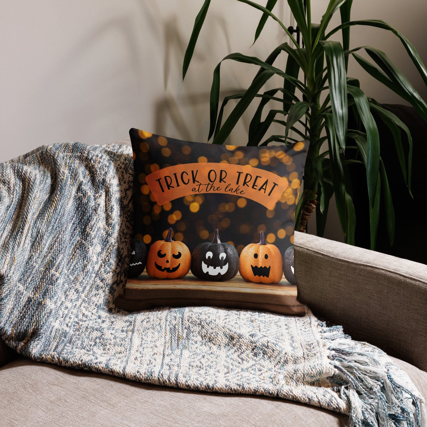 Pumpkins are Lining up for Trick or Treat at the Lake Premium Halloween Pillow