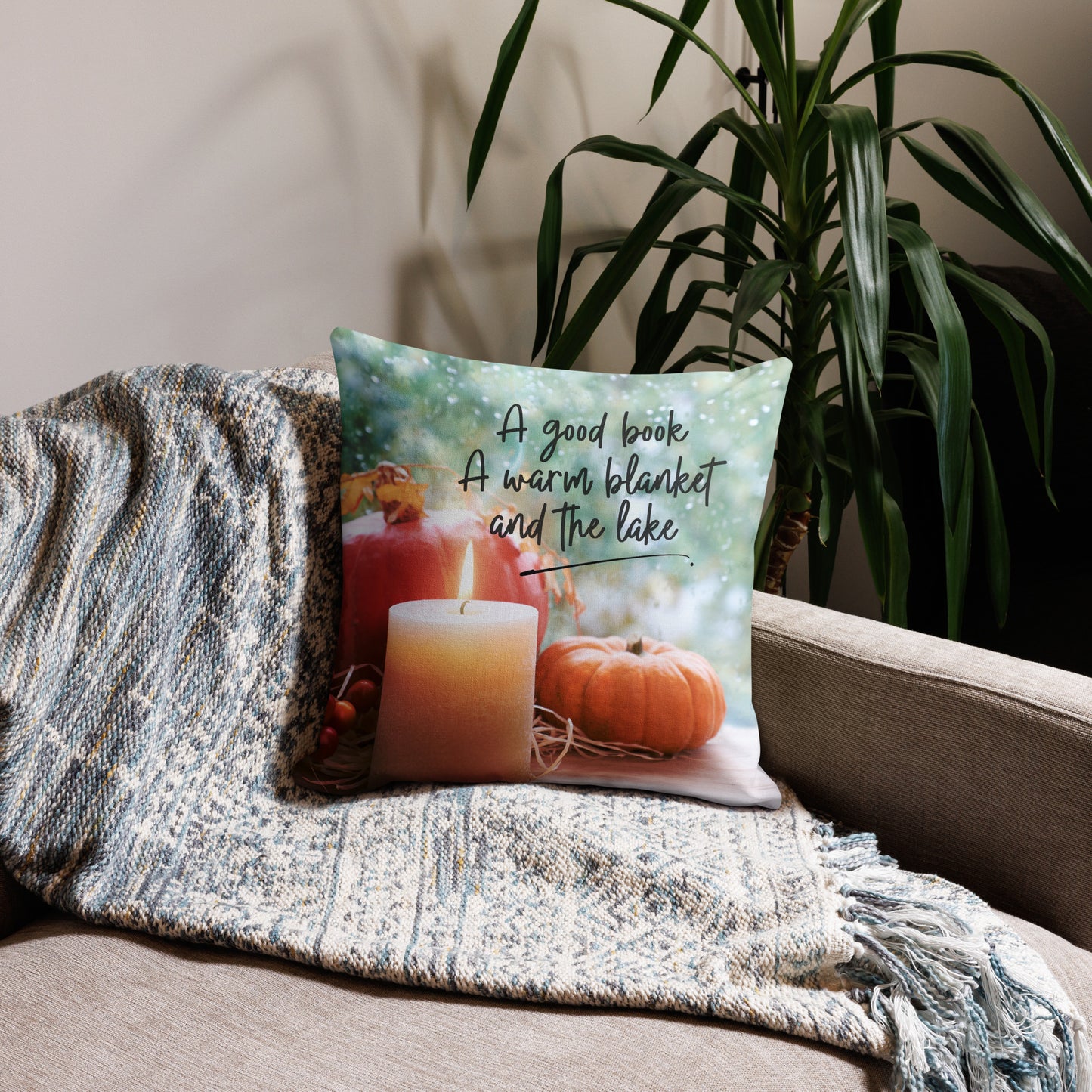 A good book, a warm blanket and the Lake, Premium Pillow with autumn design