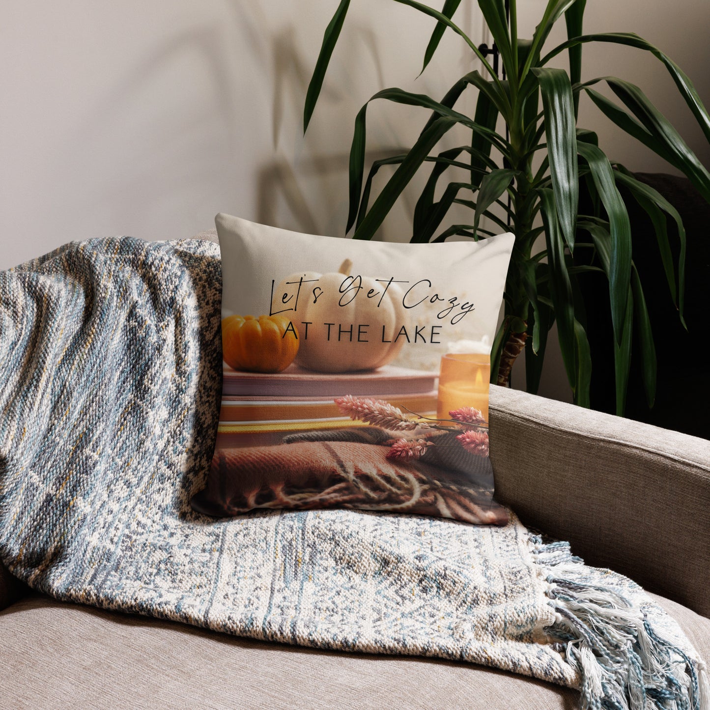 Let's Get Cozy at the Lake Premium Pillow with an autumn design