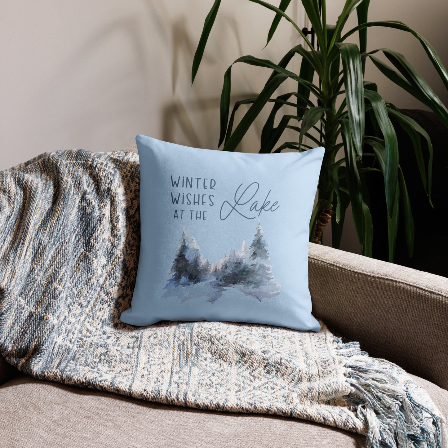 Holiday Pillow, Christmas Pillow, Winter Wishes at the Lake (lt blue)