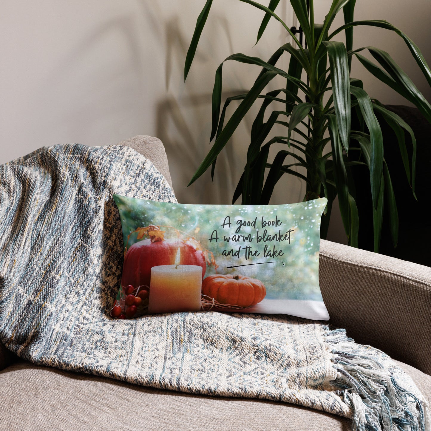 A good book, a warm blanket and the Lake, Premium Pillow with autumn design