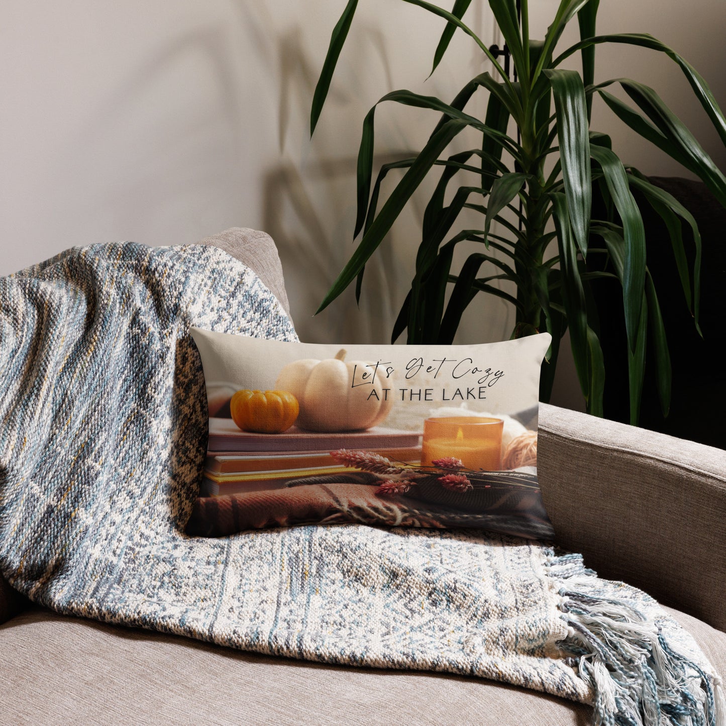 Let's Get Cozy at the Lake Premium Pillow with an autumn design