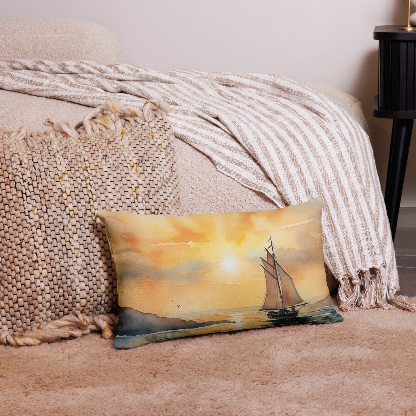 Mid-morning Sail Premium Pillow, featuring a sailboat on a lake in beautiful shades of yellow