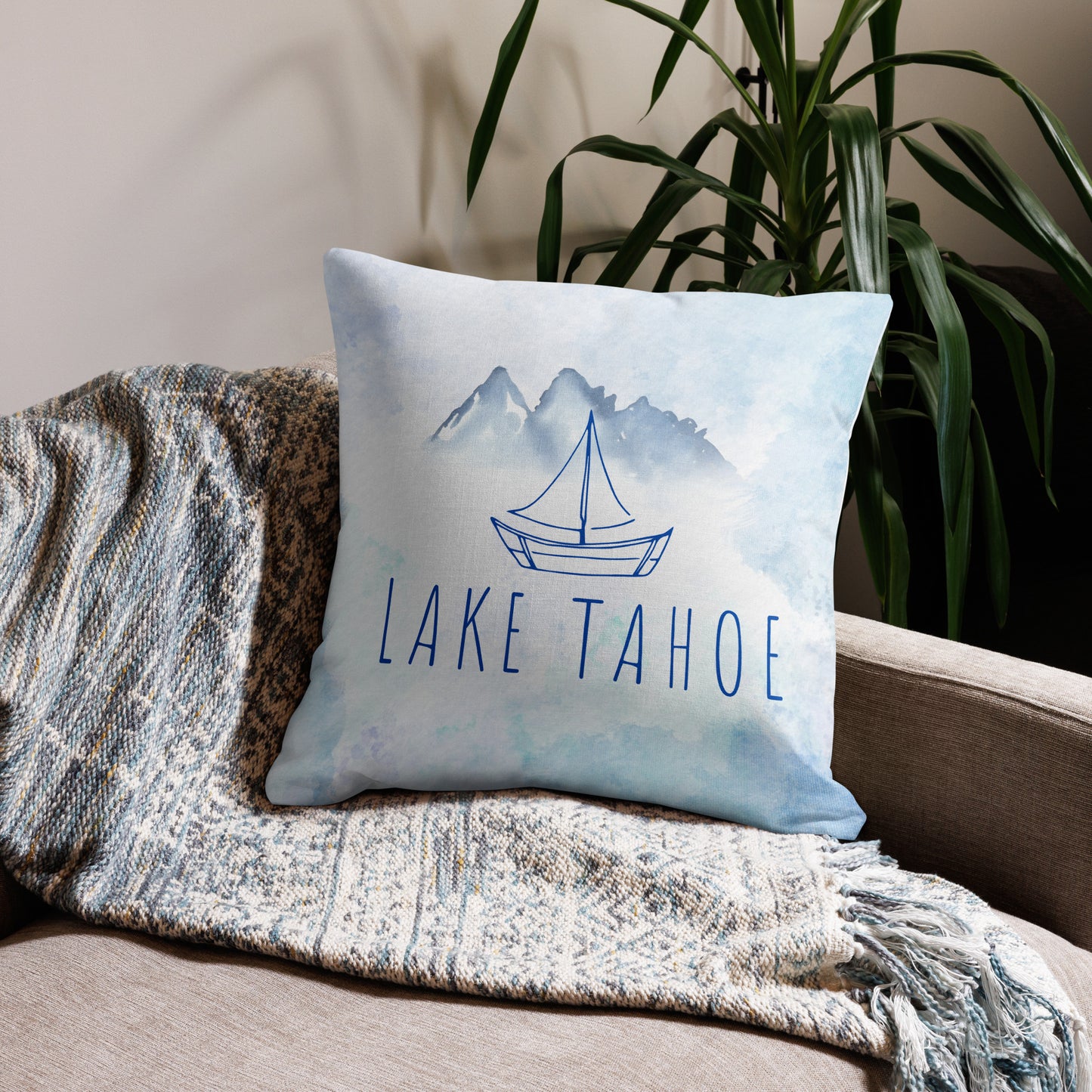 Lake Tahoe Simple Sailboat in shades of blue watercolor premium pillow