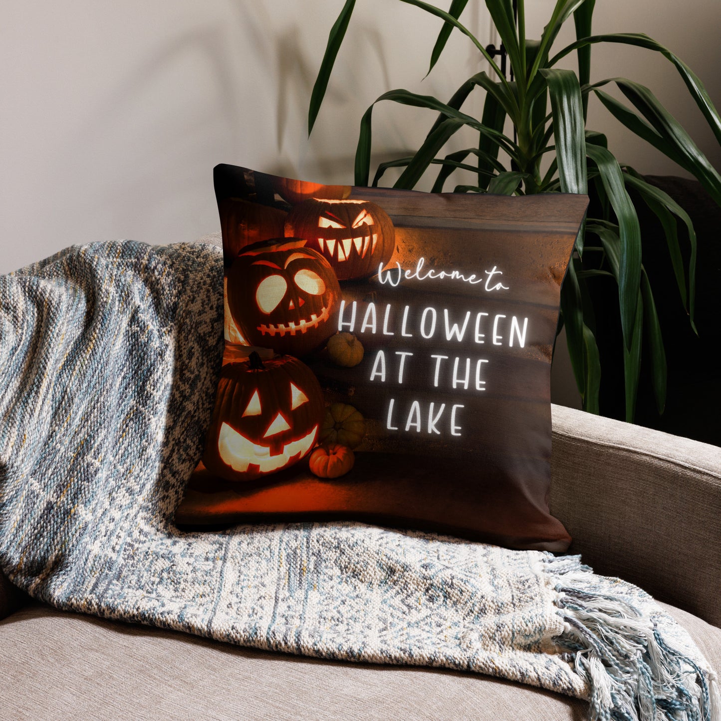 Welcome to Halloween at the Lake Stairway of Pumpkins Premium Pillow