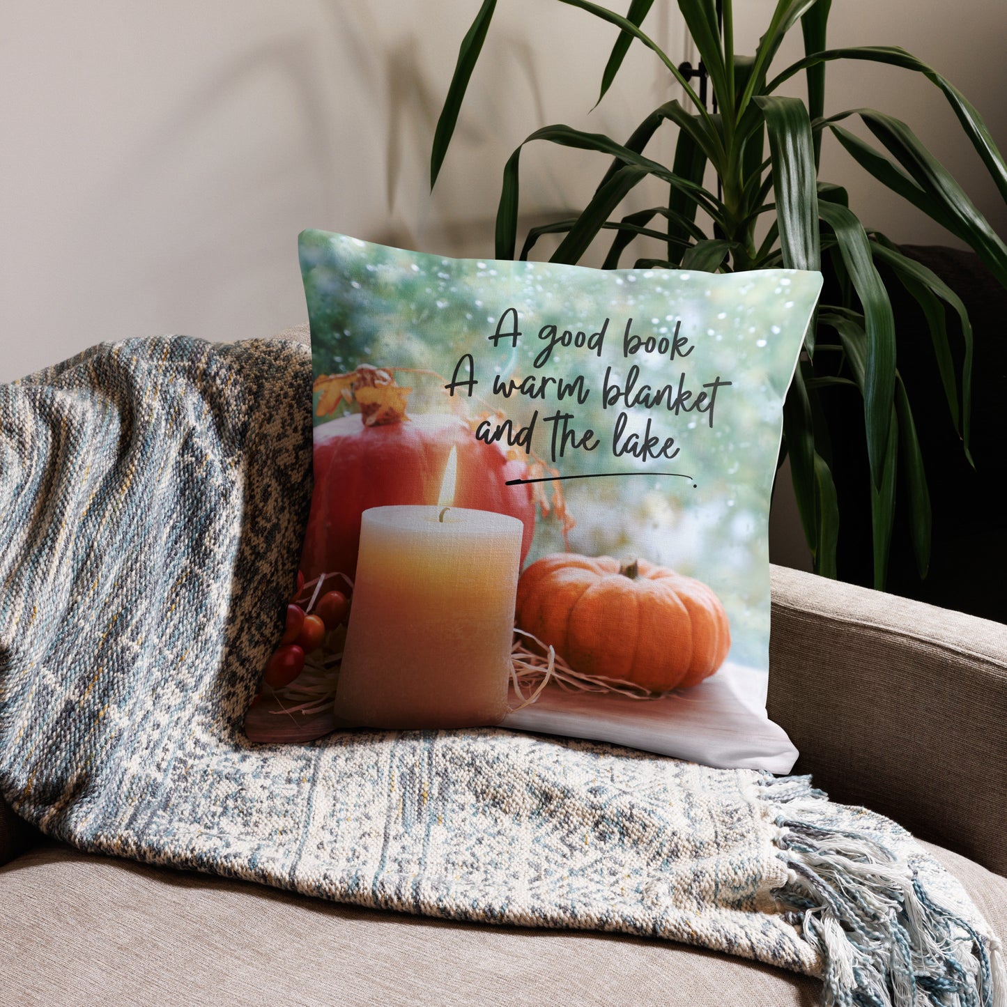 A good book, a warm blanket and the Lake, Premium Pillow with autumn design