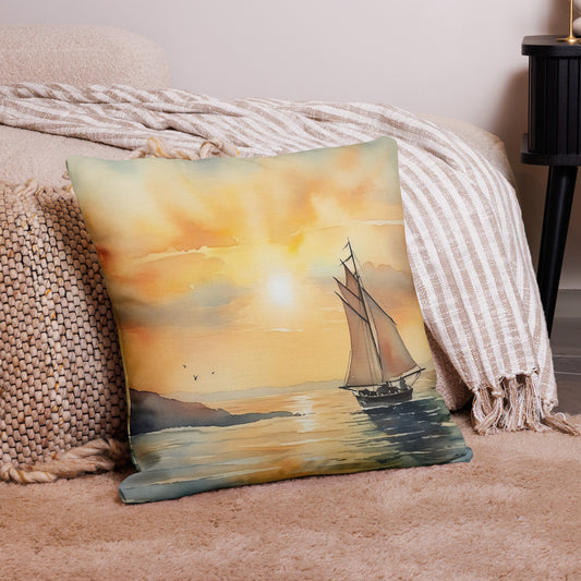 Mid-morning Sail Premium Pillow, featuring a sailboat on a lake in beautiful shades of yellow